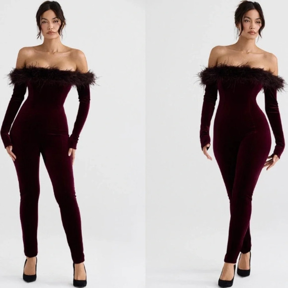 House of CB 'Salima' Dark Cherry Velvet Feather Jumpsuit NWT size M - Picture 2 of 14